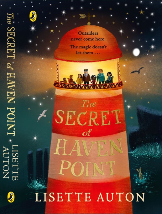 My book cover for THE SECRET OF HAVEN POINT illustrated by Gillian Gamble. A lighthouse with a group of disabled people at the top, with waves, mermaids, and a beautiful night sky. It says - Outsiders never come here. The magic doesn't let them...